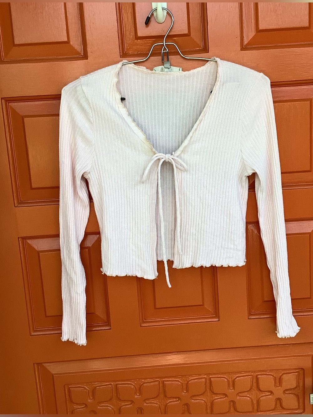 GAZE SZ S Beige Tie-Front Ribbed Cardigan 90’s Y2K